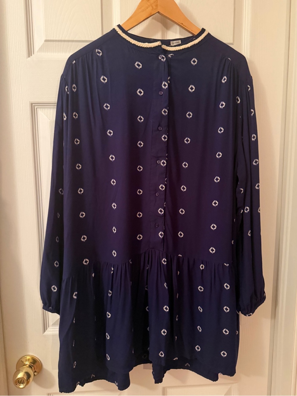 Navy Button-Front Boho-chic Tunic with white motif, size XL